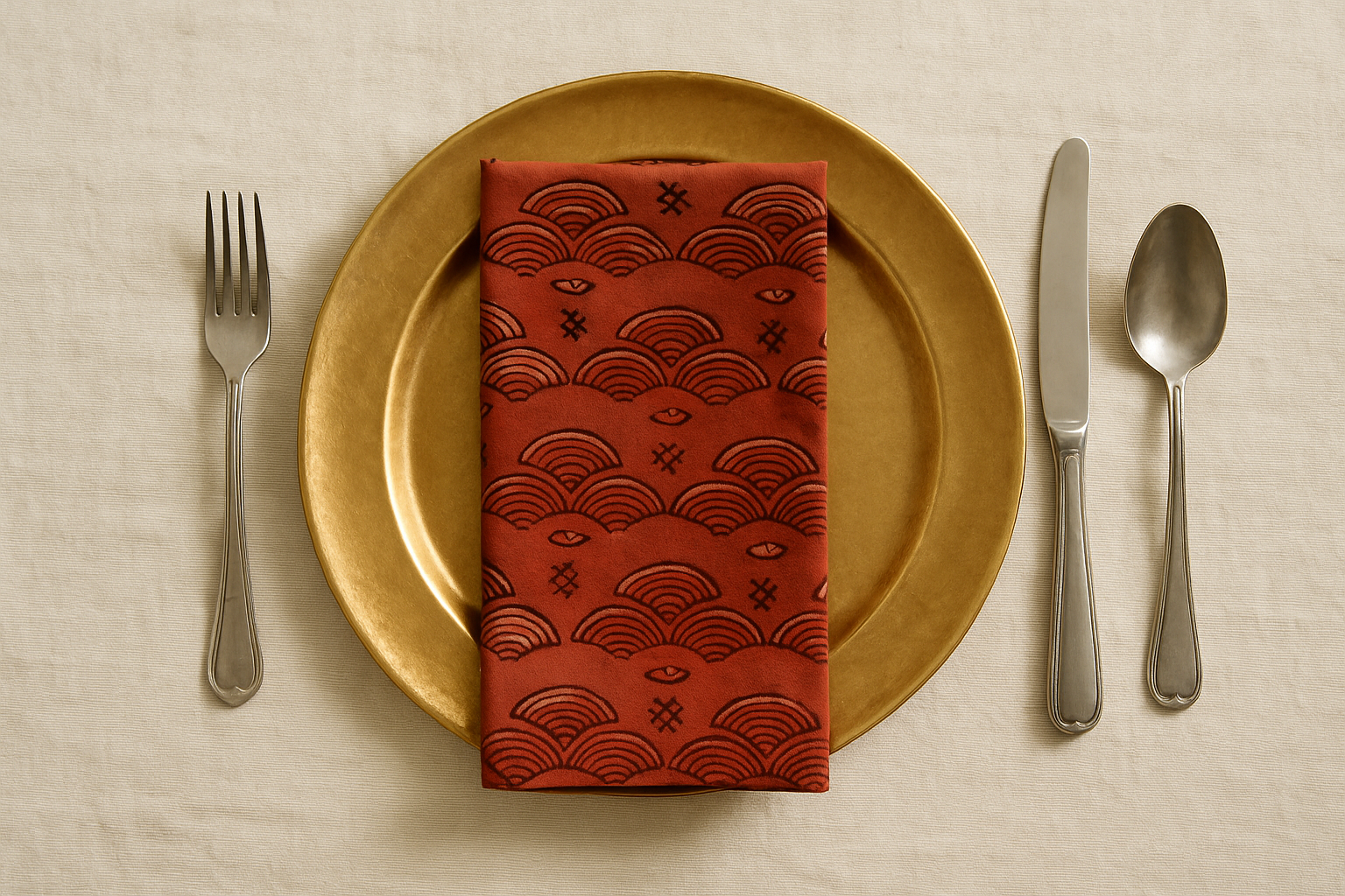 neutral tablecloth layered with block print napkin and gold charger plate