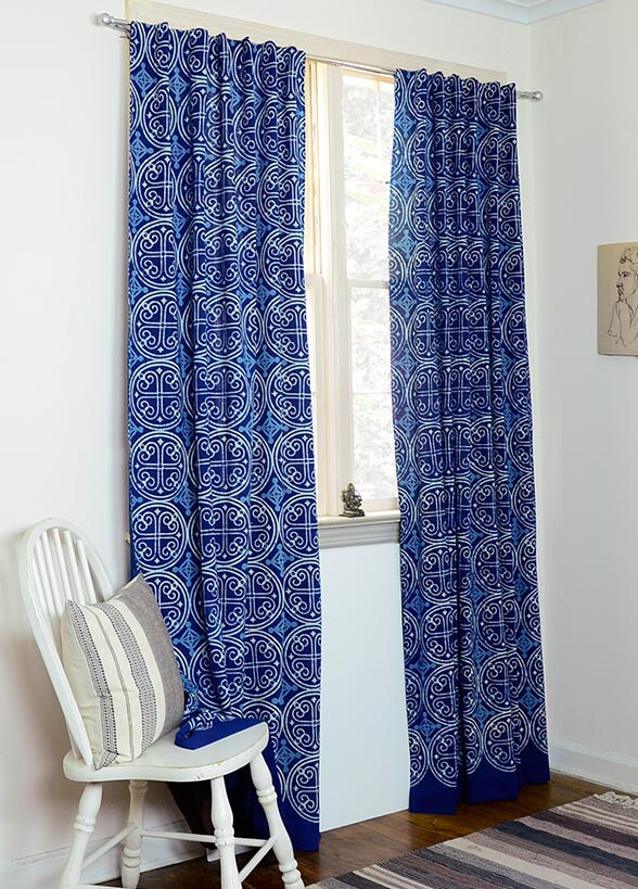 100% cotton curtain hung on rod, block printed and naturally dyed